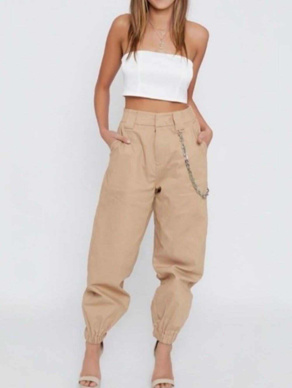 Women’s Khaki High Rise Jogger Pants Tan Pleated Tapered Elastic Cuff Size M